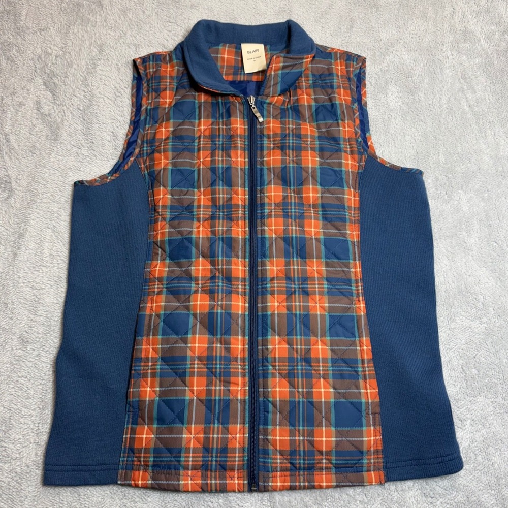 Blair Quilted Vest Women Size M Blue Orange Plaid Full Zip Ribbed Side Panels